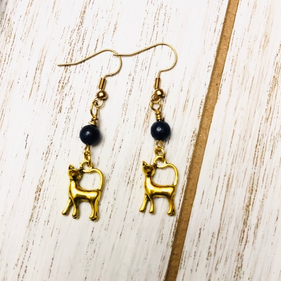Handmade Jewelry - 3 for $25 Gold Cat and Sapphire Gemstone Earrings